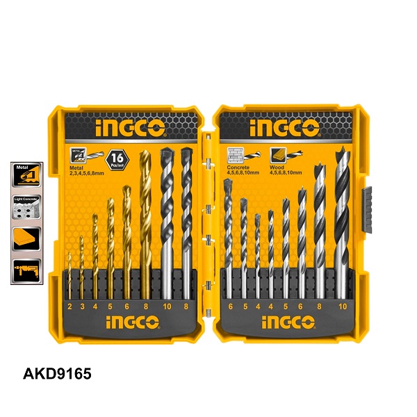 Bộ 16 mũi khoan kim loại, bê tông và gỗ Ingco AKD9165