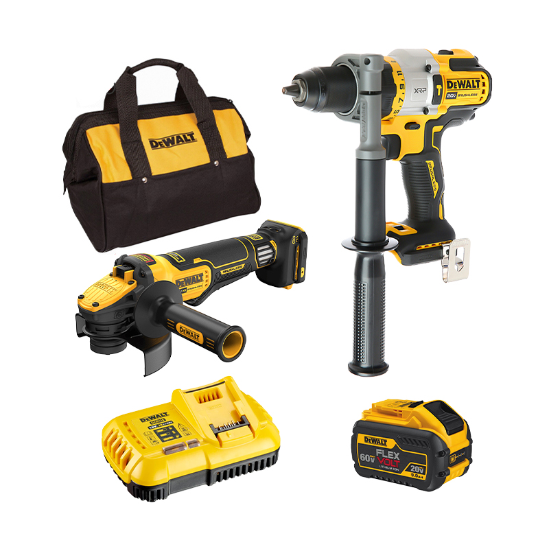 Combo FlexVolt Dewalt - Máy khoan pin DCD999N + Máy mài góc DCG416VSN + Pin Flexvolt 20V-9.0Ah + Sạc nhanh 8A + Túi dụng cụ