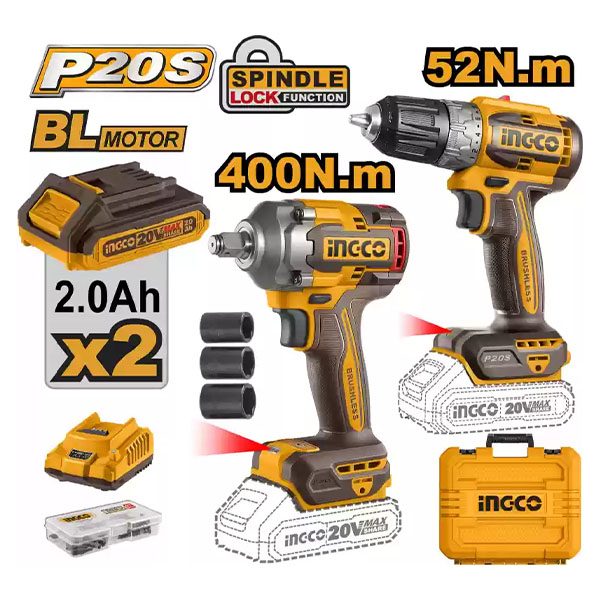 Combo INGCO CKLI20271 - Máy khoan pin & Máy siết bu lông pin 20V - Kèm 2 Pin 2.0AH, 1 Sạc