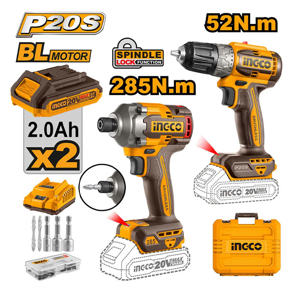 Combo INGCO CKLI20272 - Máy khoan pin & Máy vặn vít pin 20V - Kèm 2 Pin 2.0AH, 1 Sạc