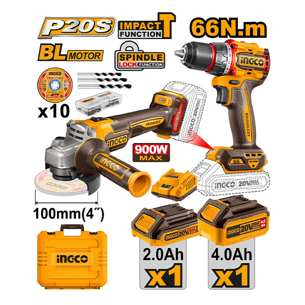 Combo INGCO CKLI2027310 - Máy khoan pin & mài góc pin 20V - Kèm 1 Pin 2.0AH, 1 Pin 4.0Ah, 1 Sạc