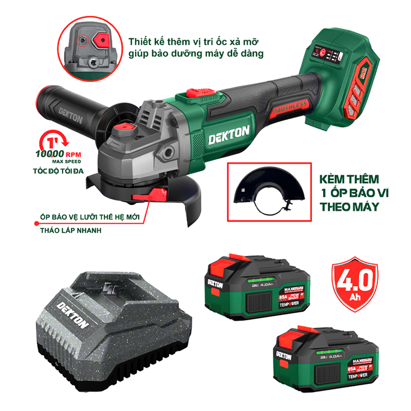 Combo Máy Mài Góc Pin Dekton M21-AG100PLUS (2 Pin 4.0Ah, 1 Sạc)