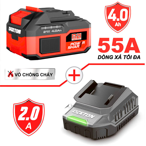 Combo Pin Sạc 21V 1 Pin 4.0Ah & 1 Sạc 2A Dekton M21-B4055A+M21-S20PRO