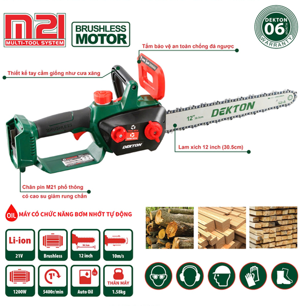Máy cưa xích 12" dùng pin 21V Dekton M21-CS12BLC (Chưa pin & sạc)