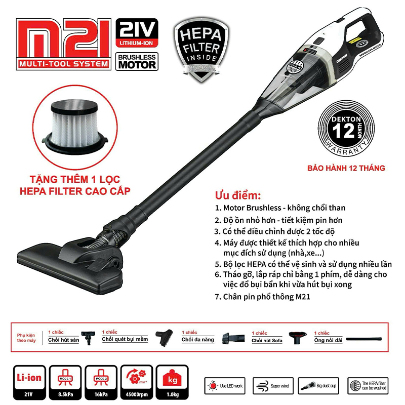 Máy hút bụi dùng pin 21V Dekton M21-HB01BL (Chưa Pin & Sạc) 2 may hut bui dung pin 21v dekton m21 hb01bl chua pin sac 1731572370