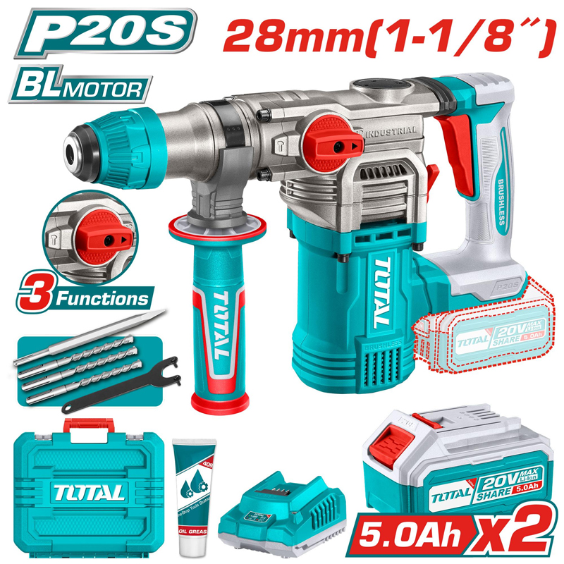 Máy khoan bê tông 3 chức năng dùng pin 20V Total TRHLI202885 (2 Pin 5.0Ah, 1 Sạc)