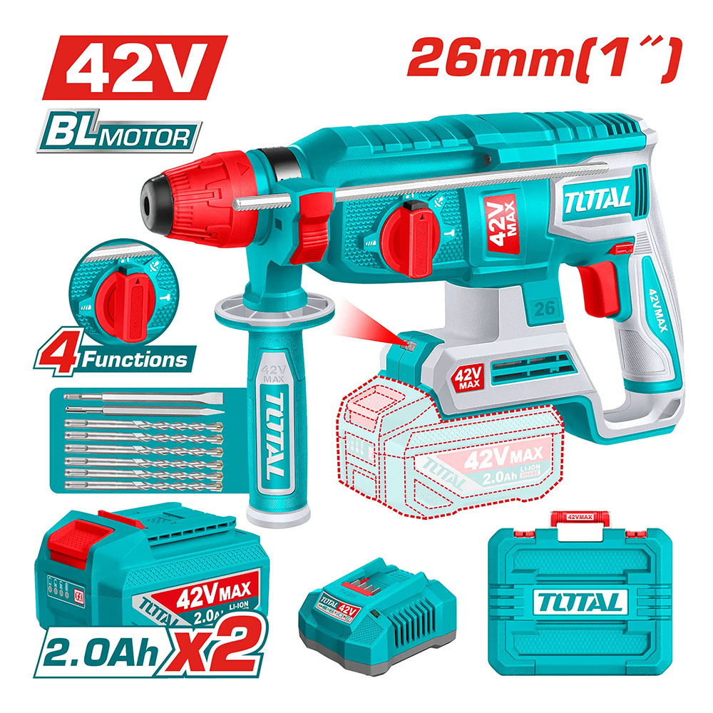 Máy khoan bê tông dùng pin 42V Total TRHLI422682 (2 Pin 2.0Ah, 1 Sạc)