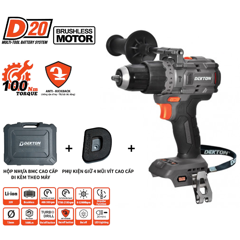 Máy khoan động lực dùng pin 20V Dekton D20-ID13100PLUS (Chưa Pin & Sạc)