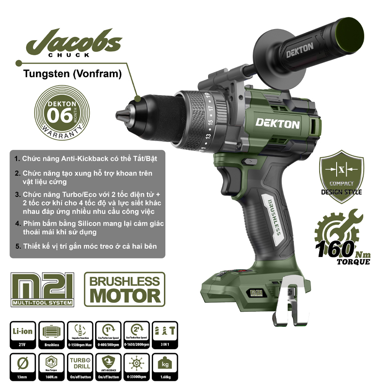 Máy khoan động lực dùng pin 21V Dekton M21-ID13160XPRO (Chưa kèm pin & sạc) 2 may khoan dong luc dung pin 21v dekton m21 id13160xpro chua kem pin sac 1757498141