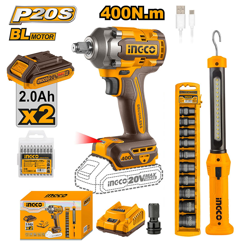 Máy vặn bu lông & đèn Led Ingco COSLI23048 (2 Pin 2.0Ah, 1 Sạc) 2 may van bu long den led ingco cosli23048 2 pin 20ah 1 sac 1727751773