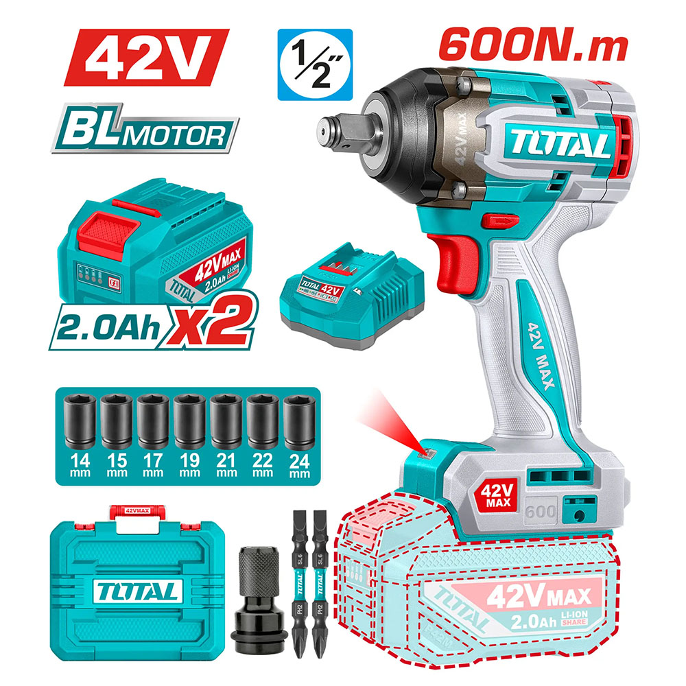 Máy vặn bu lông dùng pin 42V Total TIWLI42602 (2 Pin 2.0Ah, 1 Sạc) 5 may van bu long dung pin 42v total tiwli42602 2 pin 20ah 1 sac 1753859416