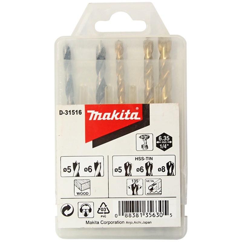 D-31516 Bộ Mũi Khoan Gỗ, Kim Loại (Chuôi Lục Giác) 5,6,8mm