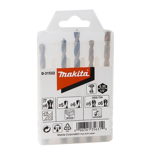 D-31522 Bộ Mũi Khoan Gỗ, Kim Loại (Chuôi Lục Giác) 5,6,8mmmm (5pcs)