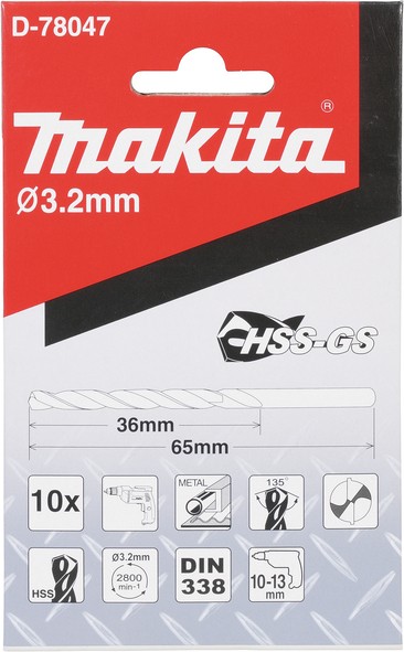 D-78047 Mũi Khoan Kim Loại HSS-GS 10Pcs3.2x65mm