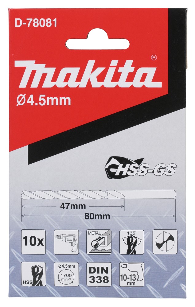 D-78081 Mũi Khoan Kim Loại HSS-GS 10Pcs4.5x80mm