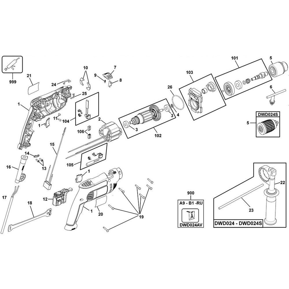 Sơ đồ Lắp ráp chính cho DeWalt DWD024