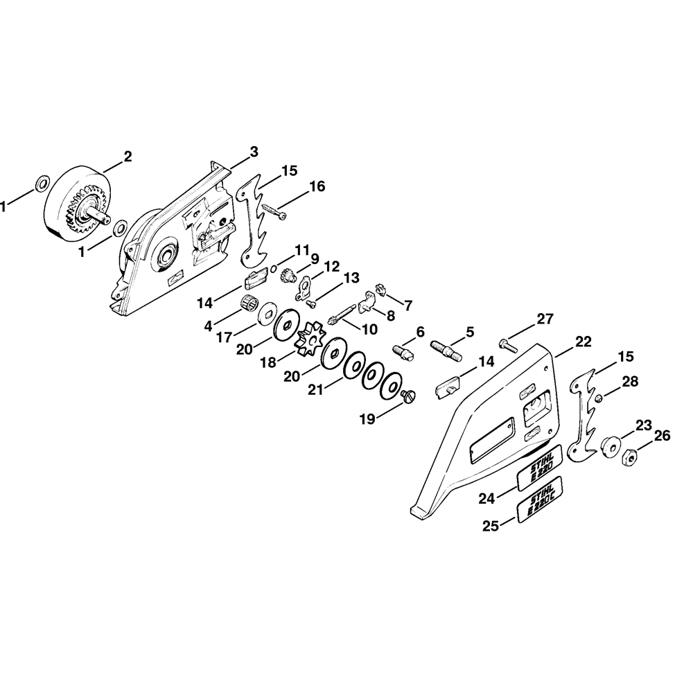 Sơ đồ Bơm dầu & cụm phanh xích 2 e20 e220 chain sprocket cover