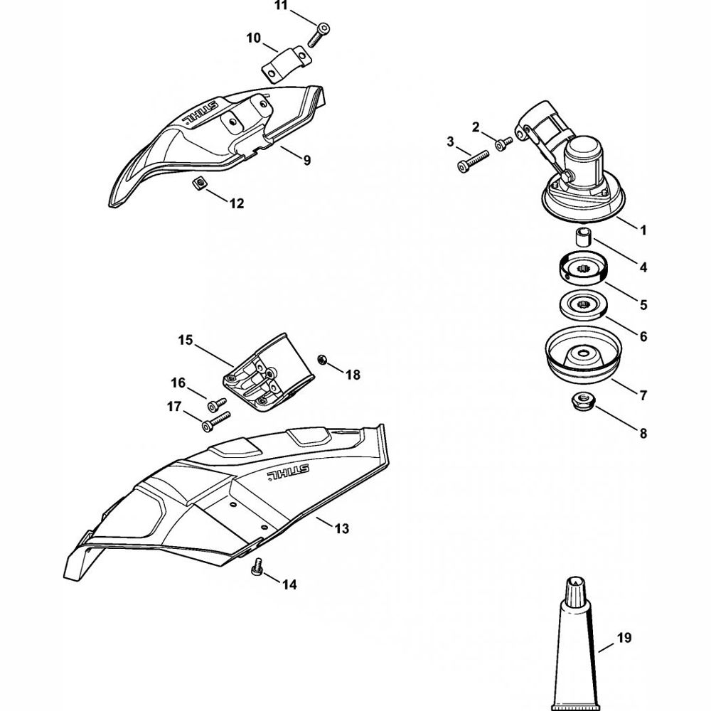 Sơ đồ Đầu bánh răng & Bộ phận làm lệch hướng cho Stihl FR230 2 gear head deflector assembly for stihl fr230 backpack brushcutter