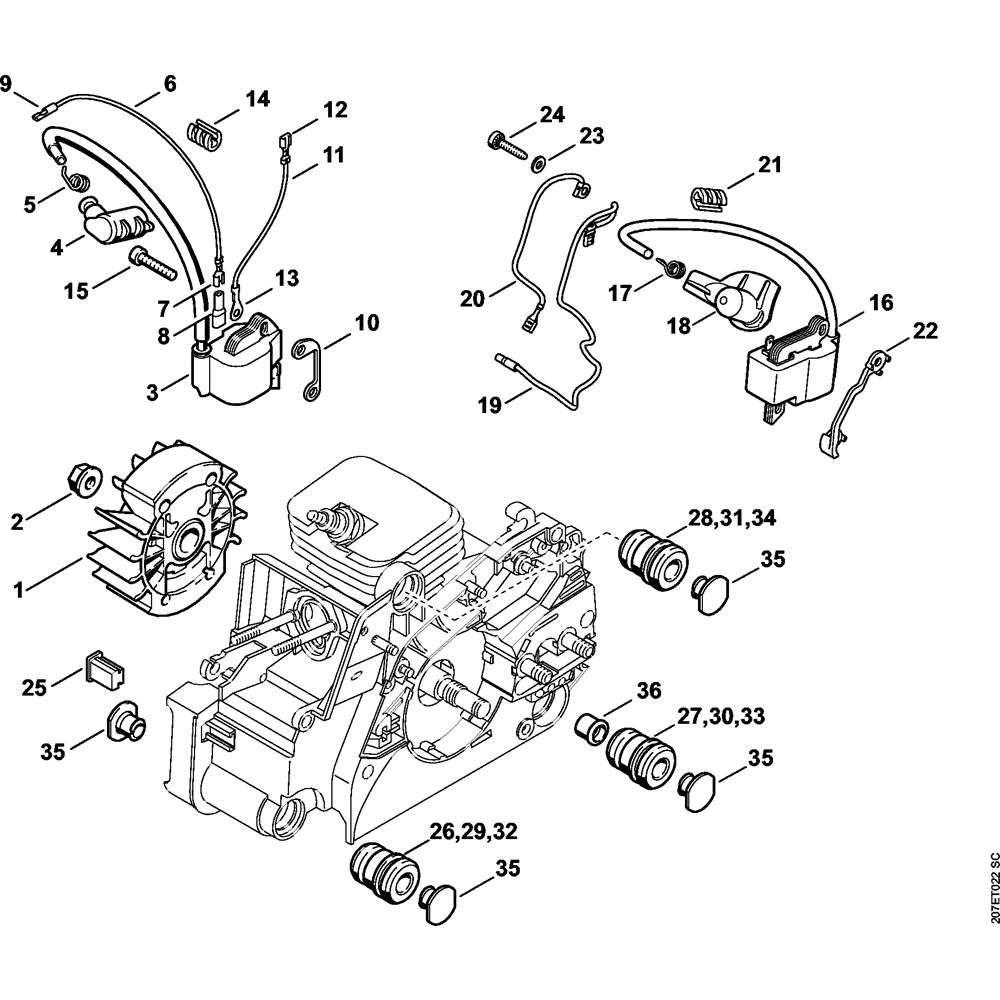Sơ đồ Hệ thống đánh lửa & AV cho Stihl MS170 2 ignition system and av system assembly ms170