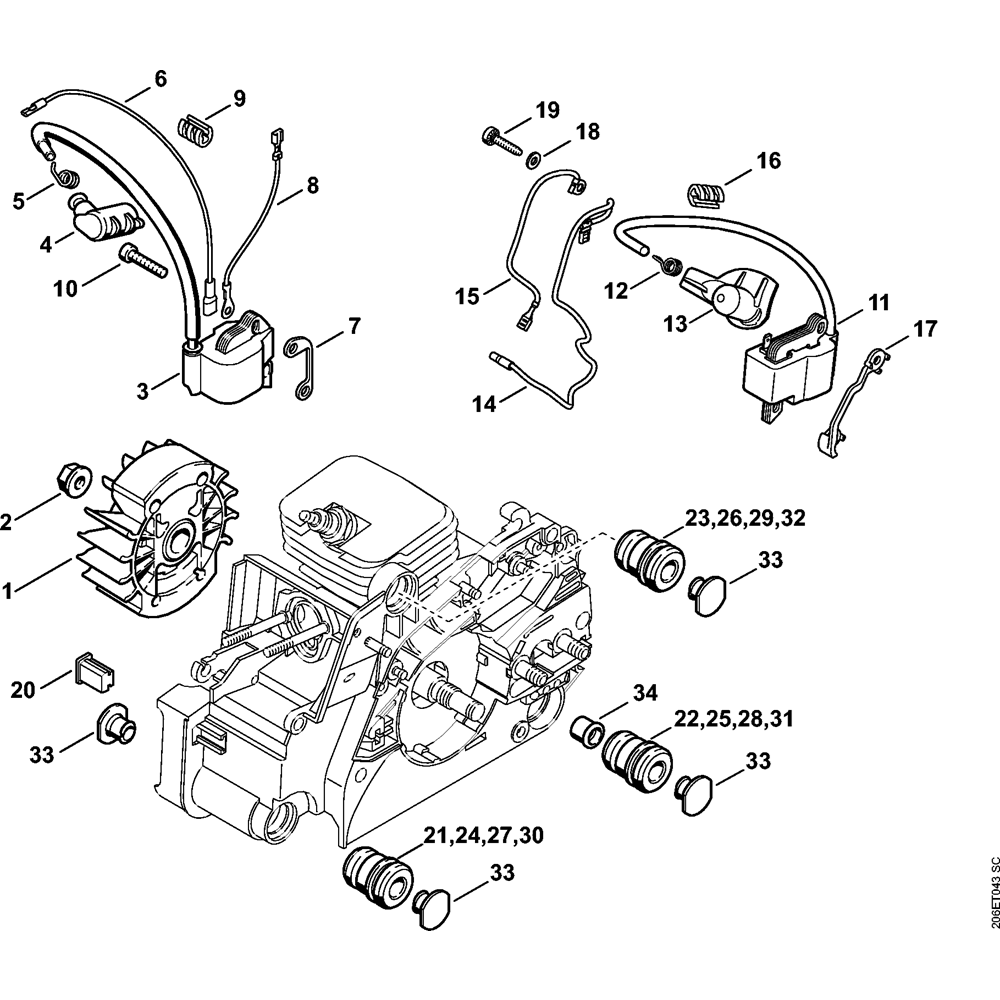 Sơ đồ Hệ thống đánh lửa & AV cho Stihl MS180 2 ignition system and av system assembly ms180