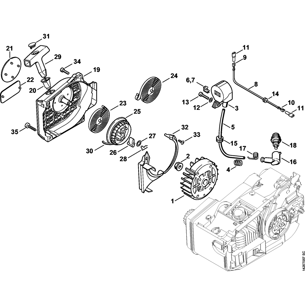 Sơ đồ Tua lại bộ khởi động cho Stihl 020 020T 3 ms020 ms020t rewind starter