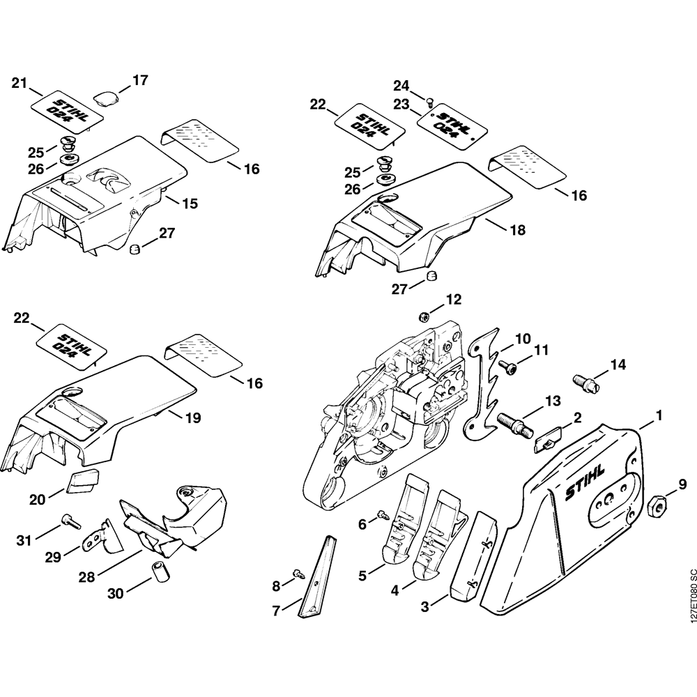Sơ đồ Vỏ bánh xích & tấm che cho Stihl 024
