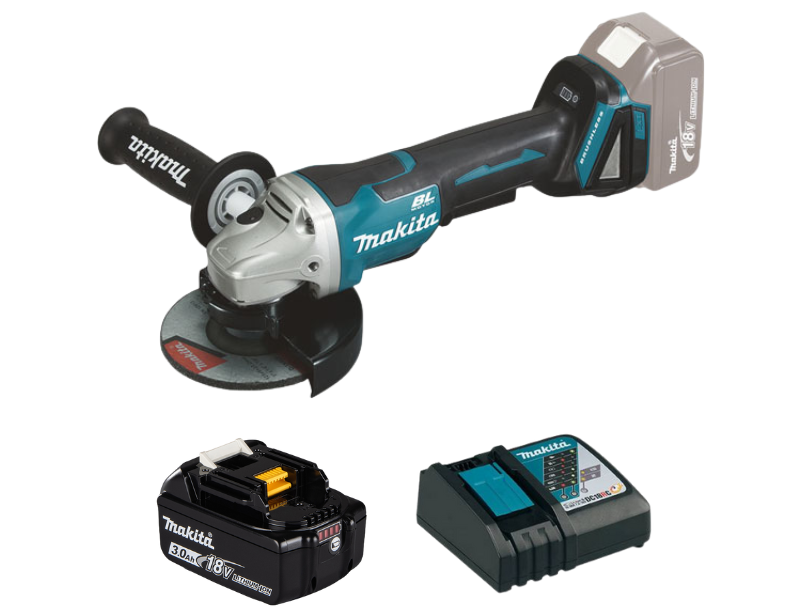 Hình minh họa combo máy mài góc dùng pin Makita DGA408ZX1 kèm pin BL1830B và sạc nhanh DC18RC.