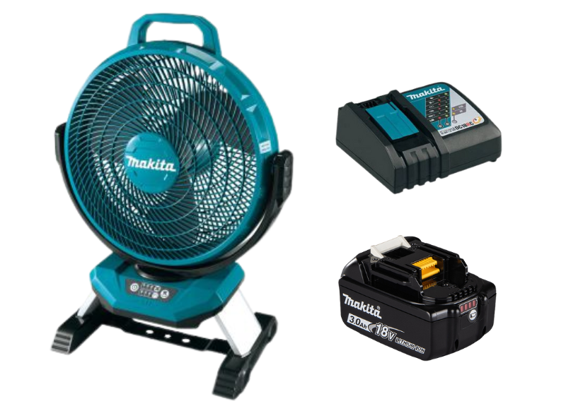 Combo quạt dùng pin Makita DCF301Z kèm pin BL1830B & sạc nhanh DC18RC – giải pháp mát mẻ linh hoạt cho xưởng & công trình
